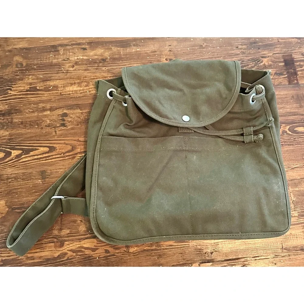 BAGGU Drawstring 100% Recycled Cotton Green Canvas Backpack Hike School Travel - Picture 1 of 9